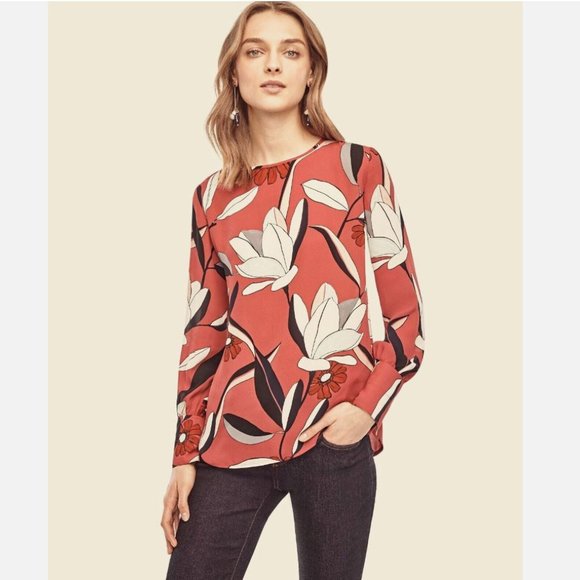 ANN TAYLOR Boat Neck Floral Print Blouse Rust Multi Size L - Picture 2 of 4